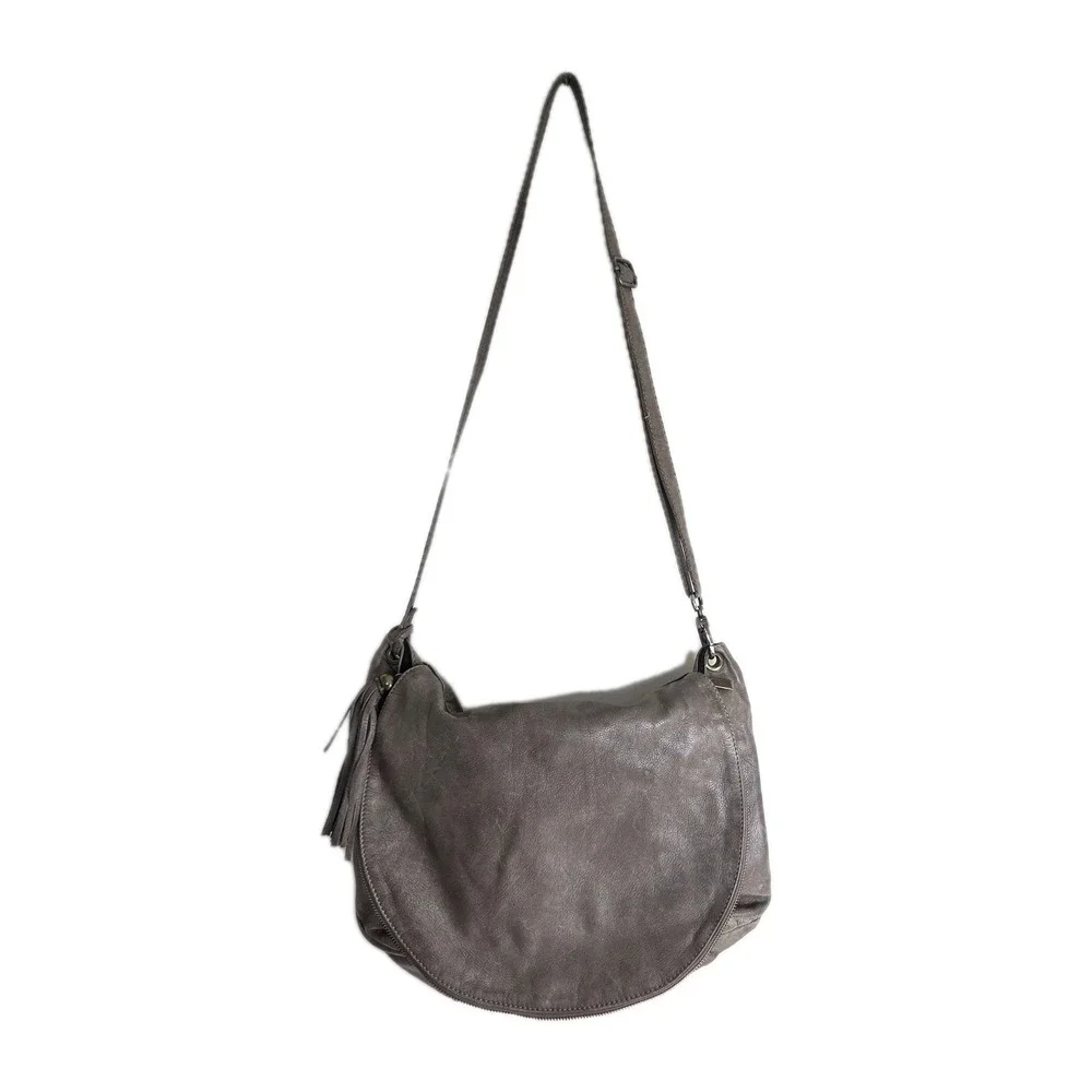 Italian Gray Genuine leather fold over boho shoulder crossbody bag Hippe Tassle